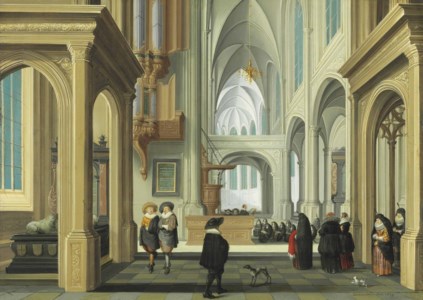 A church interior with elegant company attending a christening