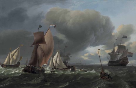 A wijdschip, a smalschip and a state yacht tacking, with fishermen in a pink drawing in their nets in the foreground, the man-o’-war ‘Bruinvisch’ lowering sails beyond