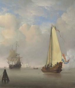 The Evening Gun - Shipping in a calm with a Dutch Bezan yacht