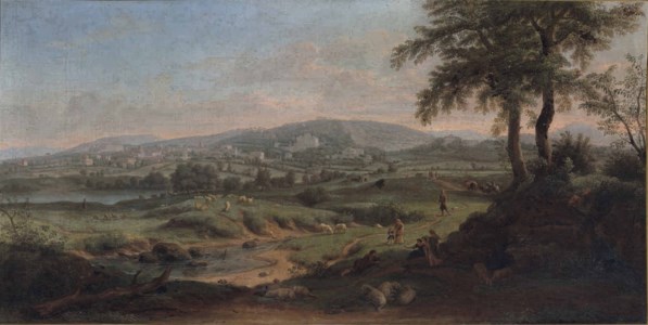 Frascati, with shepherds and their flock resting by a stream in the foreground, other figures on a road beyond