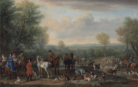The Meet: A hunting party, with figures, horses and hounds, in an extensive wooded landscape