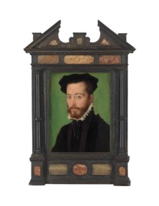 Portrait of a gentleman, bust-length, in a black jacket and collar, wearing a beret
