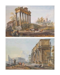 Morning: A view of the Forum Romanum with the Arch of Constantine and the Colosseum; and Afternoon: A view of the Forum Romanum with the Temple of Saturn and the Temple of Vespasian