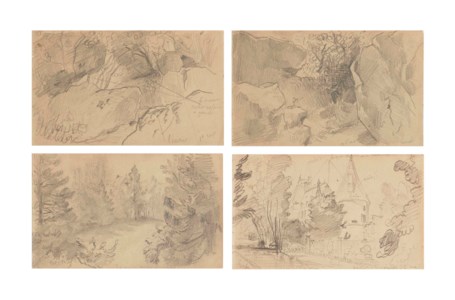 Eight sketches: two rocky landscapes, two studies of trees, a road with trees, two views of château d'Orrouy and a landscape