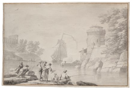 Pêcheurs le long de la côté, un voilier et une tour fortifiée à l'arrière-plan; et Pêcheurs sur le rivage, un village devant un promontoire rocheux à l'arrière-plan