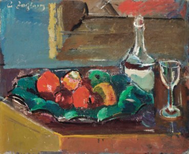 Obststilleben mit Flasche und Glas