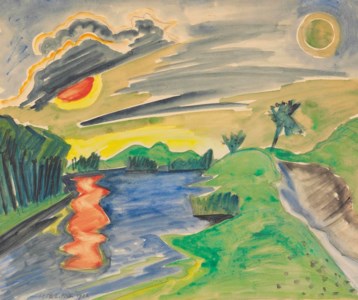 Landschaft mit Gewässer, am Himmel Sonne und Mond