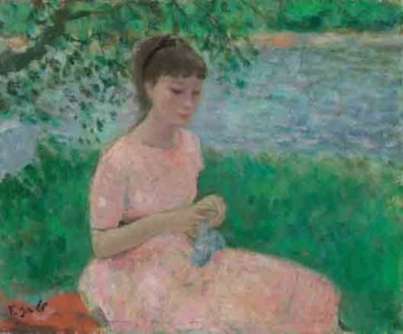 Marie-Lize à la broderie, assise au bord de l'eau