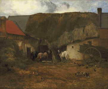 Horses by a stable