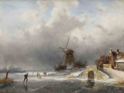 Figures skating on ice near a windmill