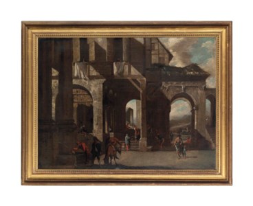An courtyard with figures and a mule by a well, a mountainous landscape beyond