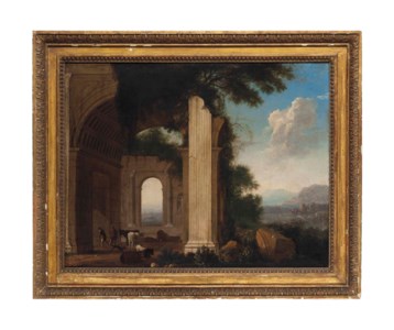 An architectural capriccio of Roman ruins, with drovers and cattle