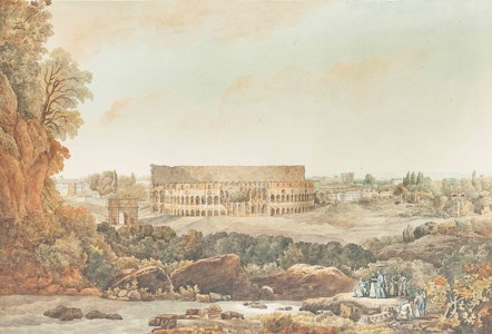 The Colosseum in Rome, seen from afar, with Pope Pius VI viewing antiquities
