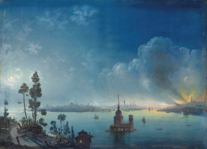 Constantinople - a view across the Bosphorus towards Leander's Tower by night