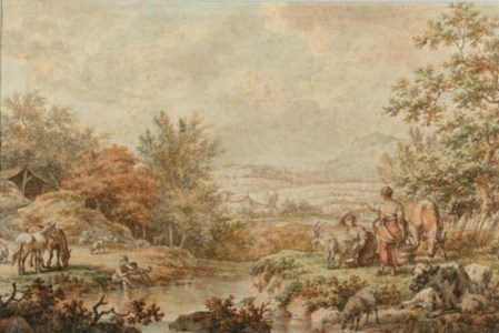 A mountainous landscape with maids milking a goat on the bank of a stream
