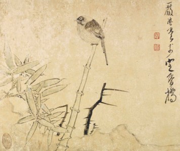 OISEAU SUR BAMBOU, ENCRE ET COULEUR SUR PAPIER