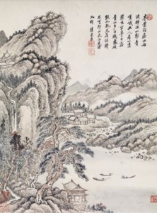PECHEURS ET MONTAGNE, ENCRE ET COULEUR SUR PAPIER