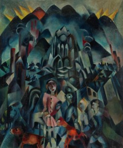 Ohne Titel (Zentrale Komposition mit Figuren, Stadt und Gebirge mit dem Chor einer Kirche)