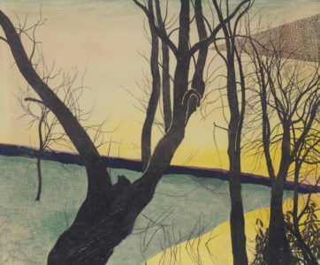 Arbes au crépuscule jaune et vol d'oiseaux II