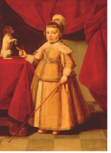 Portrait of a young boy, full-length, in an embroidered yellow dress and white lace collar and cuffs, a cane in his left hand, proferring a biscuit to a dog begging on a table, before a red curtain