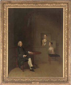 Portrait of a gentleman, small full-length, in a blue coat and breaches, seated at a table in an interior with two female portraits resting on a chair and along the dado behind
