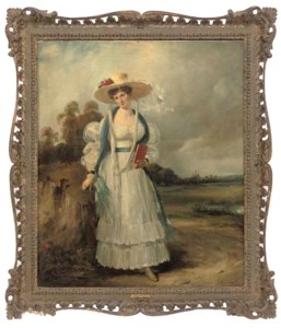 Portrait of Mrs. Chalders, small full-length, in a white dress with blue scarf and sash, and a straw hat with flowers, holding a book in her left hand, her right hand resting on a rock, in an extensive landscape with figures beyond