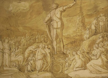 An assembly of figures by a statue, the tower of Babel seen beyond