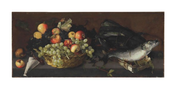 Apples and grapes in a basket with fish on a stone ledge