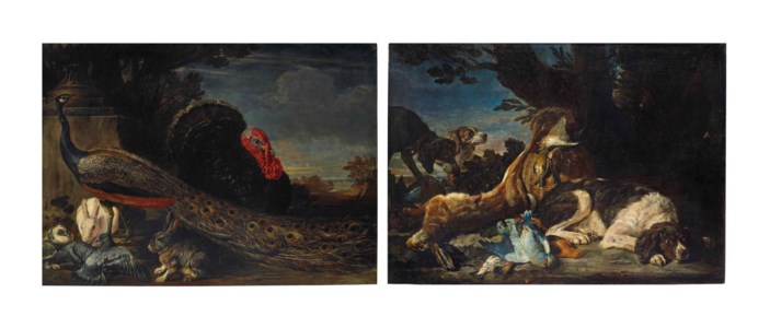 A peacock, wild turkey, hares, and pigeons in a garden, a landscape beyond; and A hare and game birds with three dogs, a landscape beyond
