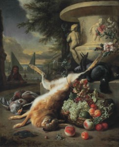 A grouse, kingfisher, and other game birds with a hare and a basket of fruit at the foot of a carved stone urn, an Italianate garden with a fountain beyond