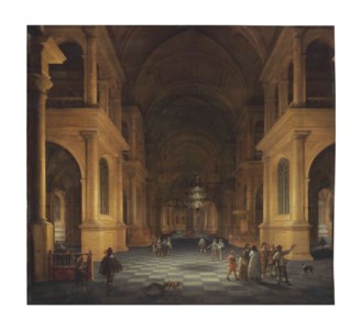 A darkened church interior with elegant figures
