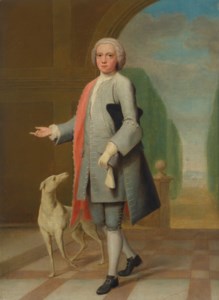 Portrait of Henry Brittan, full-length, with a greyhound