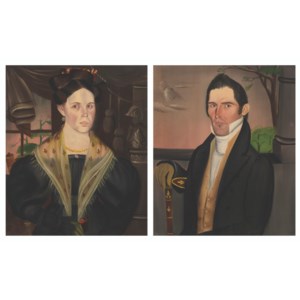 A PAIR OF PORTRAITS: A WOMAN IN A WHITE SHAWL AND A GENTLEMAN WEARING GRAY GLOVES