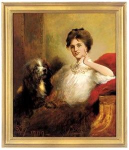 Portrait of a lady, seated three-quarter-length, in a white blouse with lace trim, a terrier to her side
