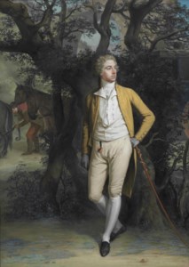 Portrait of Arthur Hill, 2nd Marquess of Downshire (1753-1801), small full-length, in a yellow frock coat and breeches, his left arm resting on a cane, with a coach and four beyond, in a landscape