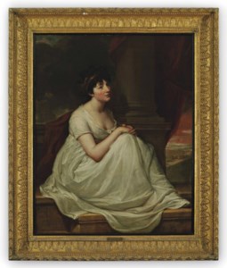 Portrait of Jane Winder, wife of William Charles Monck-Mason of Masonbrook, Co. Kildare, full-length, seated on a ledge in a white dress with a gold headdress beside a column, a landscape beyond