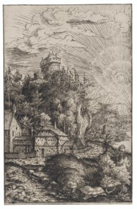 A Landscape with a Castle on a Rock on the left top right, the Sun radiating in the Sky