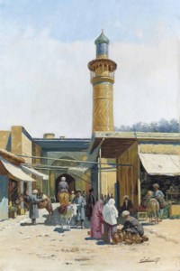 Market place with a minaret beyond