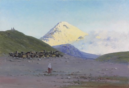 View of Mount Kazbek and Gergeti Trinity Church