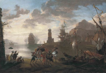 A coastal landscape with sailors disembarking from an anchored boat and elegant figures conversing