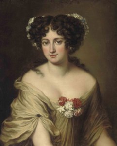 Portrait of Contessa Ortensia Ianni Stella, bust-length, in an ivory chemise, with flowers in her hair