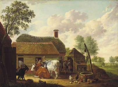 A farm scene with peasants, cattle, chickens and a goat