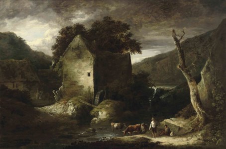 A wooded river landscape with drovers and their cattle by a watermill