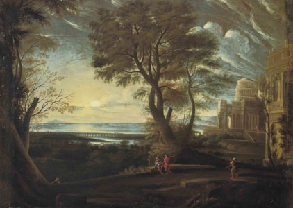 A classical landscape with figures resting on a bridge