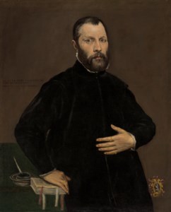 Portrait of a gentleman, half-length, in black, his right hand resting on a book