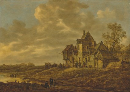 River landscape with travellers at an inn at sunset