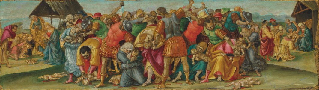 The Massacre of the Innocents with the Adoration of the Shepherds and the Adoration of the Magi - panel from a predella