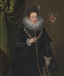 Portrait of Bianca Lucia Aliprandi, née Crivelli, three-quarter-length, in a black brocade dress, with a jewelled necklace and fur muff