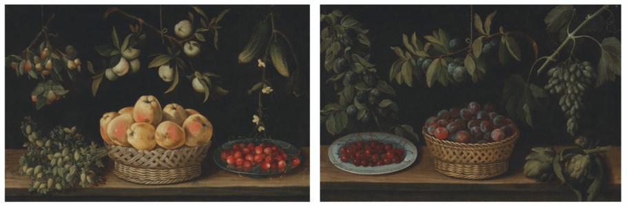 Plums in a basket and cherries in a dish with other fruit and vegetables on a table; and Apples in a basket and cherries in a dish with other fruit and vegetables on a table