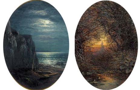 A fishing boat in a cove by moonlight; and A river landscape at sunset